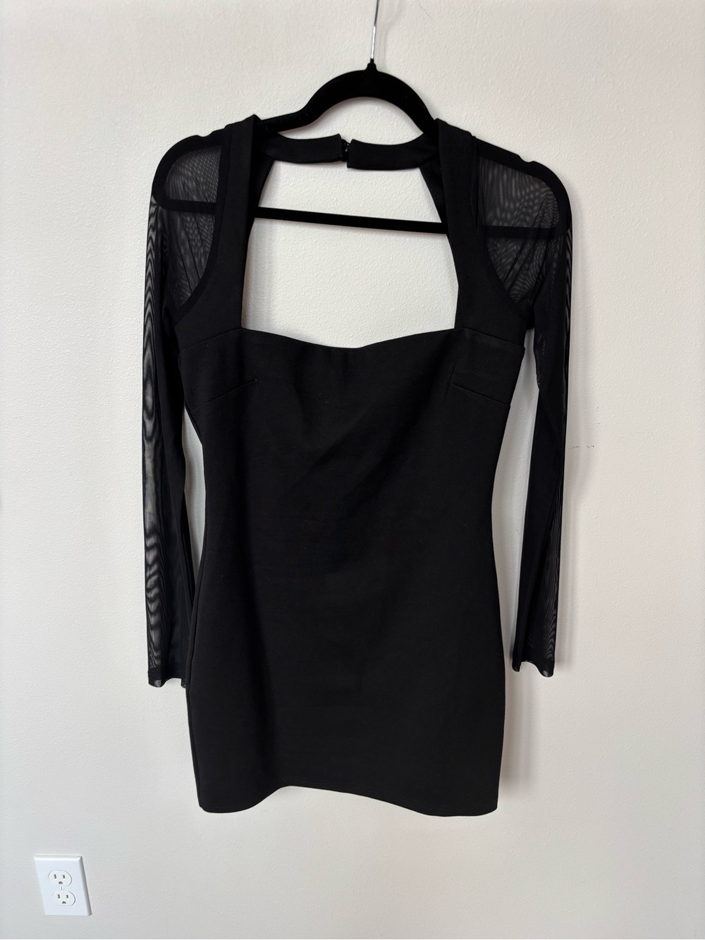 superdown Black Square-Neck Mini Dress with Mesh Sleeves
